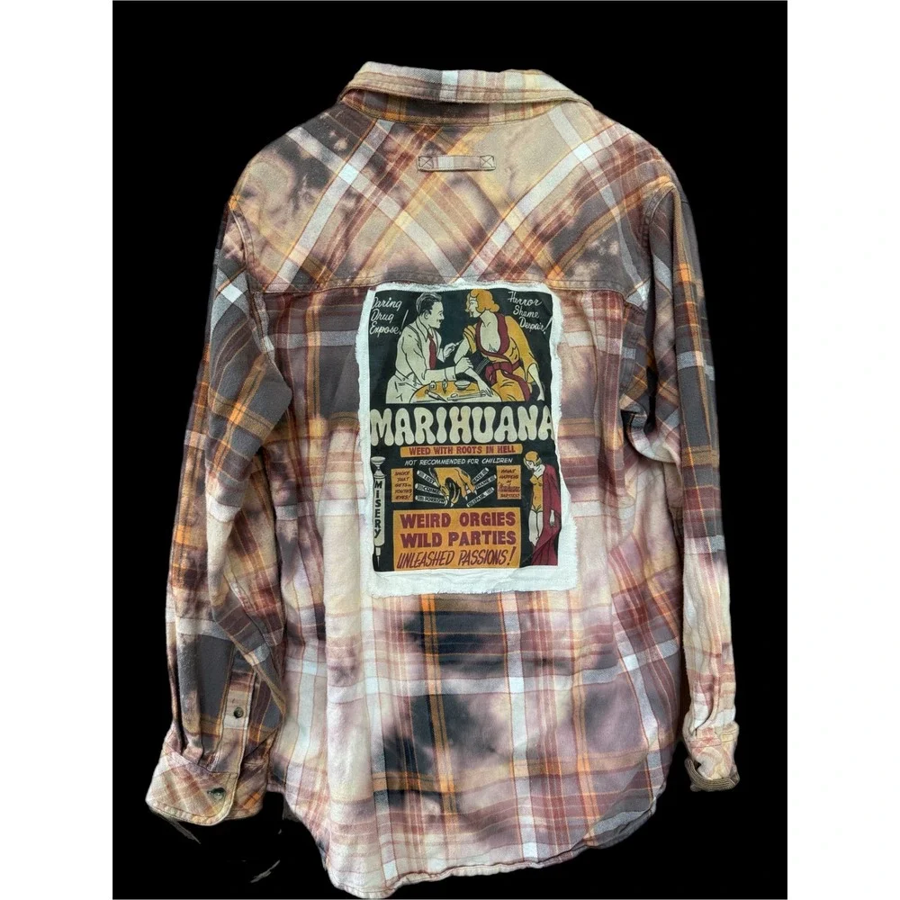 Vintage Marijuana Propaganda Flannel Bleach‎ Dye Upcycled Shirt Large